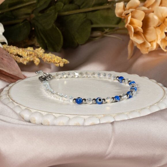Bracelet Adjustable handmade Clear Crystal Turkish Eye For women Color Blue Gift - Picture 4 of 7